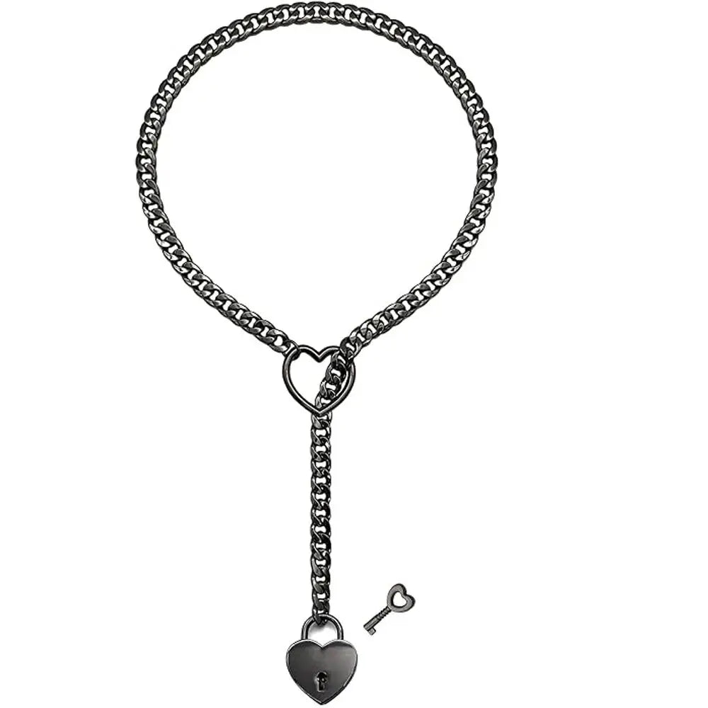 Adjustable Heart O-Ring Punk Rock Cuban Chain Necklace β Lariat Y-Style Necklace with Key & Heart Lock Pendant
