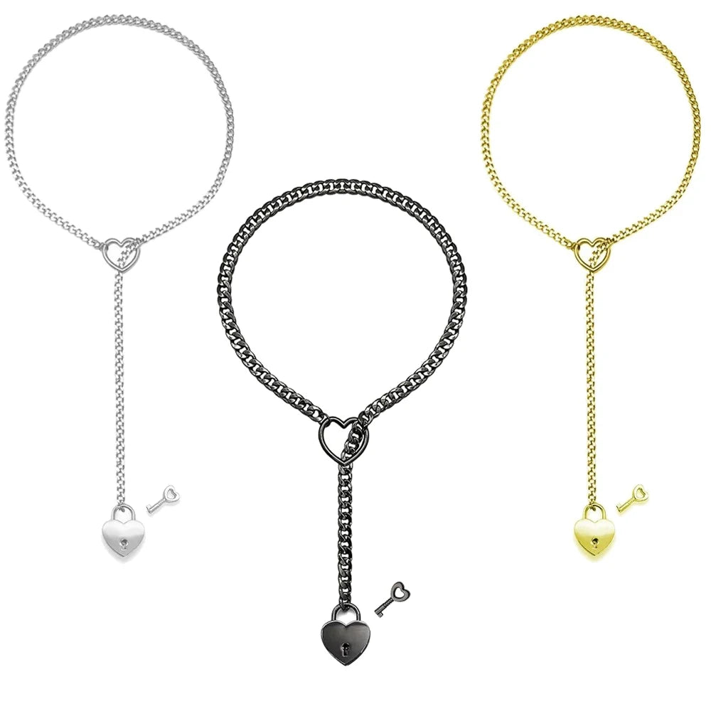Adjustable Heart O-Ring Punk Rock Cuban Chain Necklace β Lariat Y-Style Necklace with Key & Heart Lock Pendant