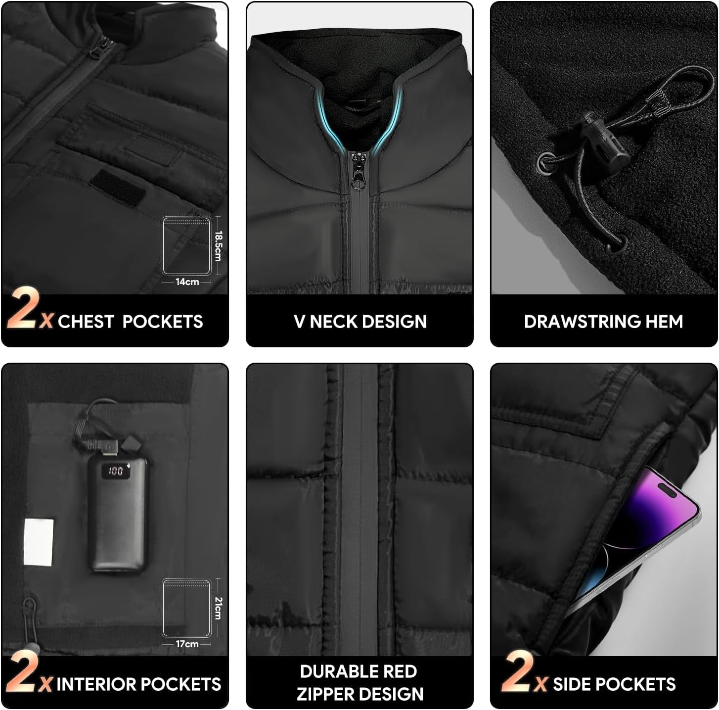 Heated Vest for Men Women, 6 Pockets, 4 Heating Zones, Electric Outdoors Heating Jacket Coat (Battery Not Included)